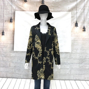 Women Retro Black Floral Cardigan Printed Coat-Inougate